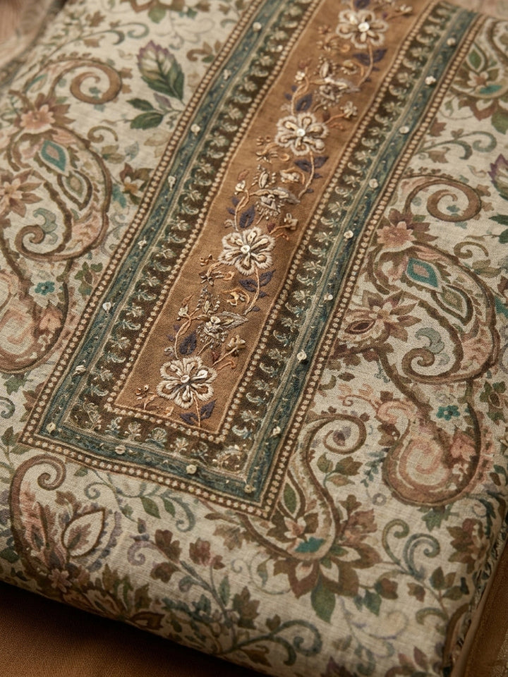 Rust Printed Chanderi Unstitched Dress Material