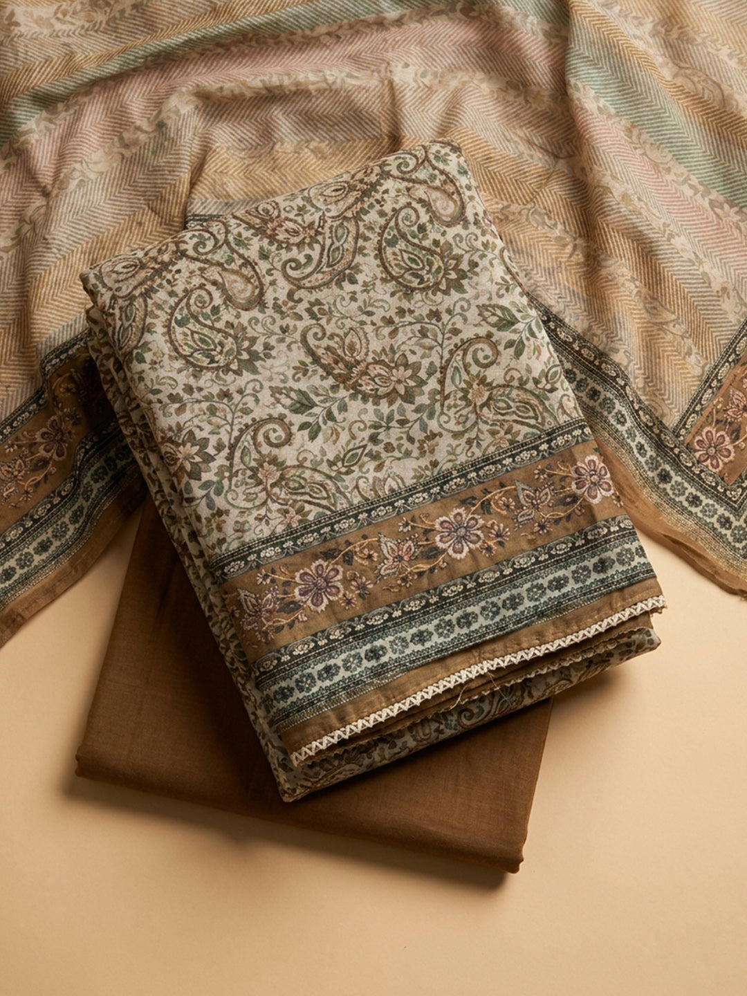 Rust Printed Chanderi Unstitched Dress Material