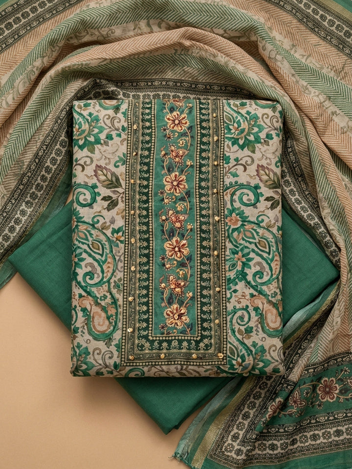 Sea Green Printed Chanderi Unstitched Dress Material