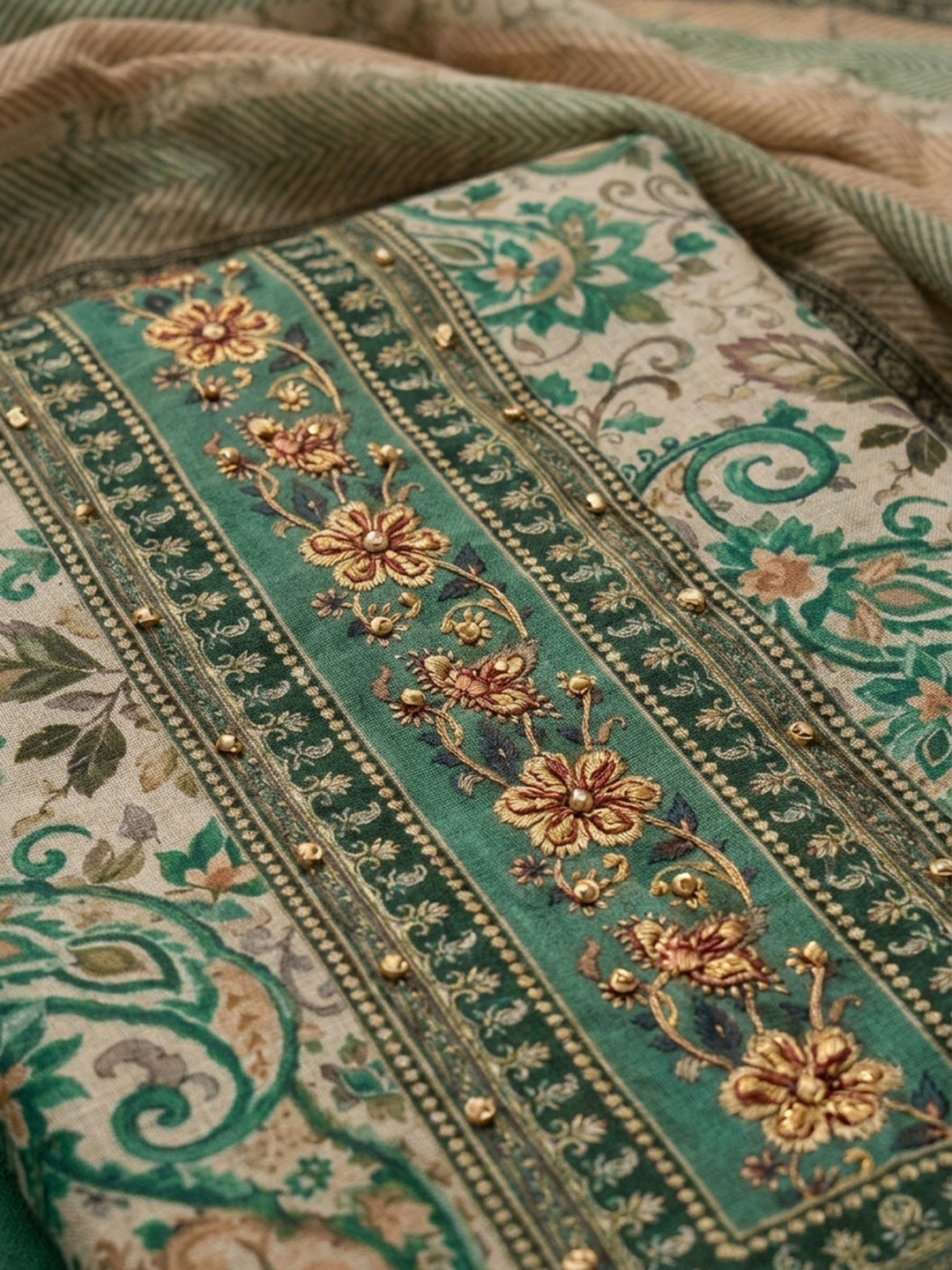 Sea Green Printed Chanderi Unstitched Dress Material