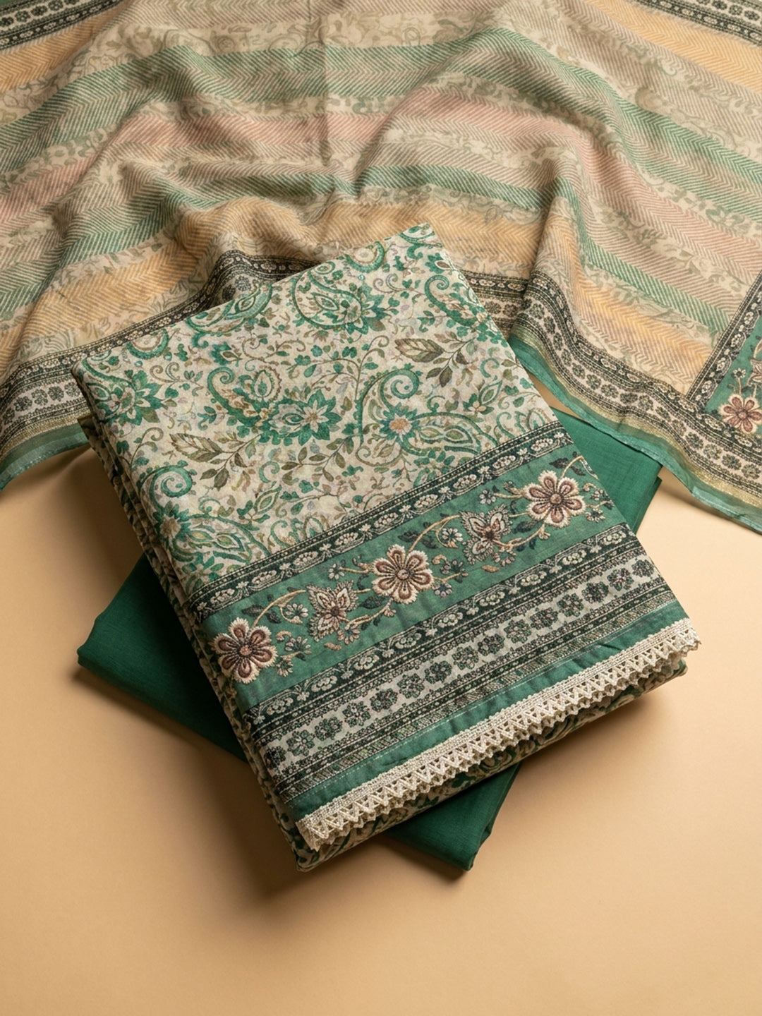 Sea Green Printed Chanderi Unstitched Dress Material