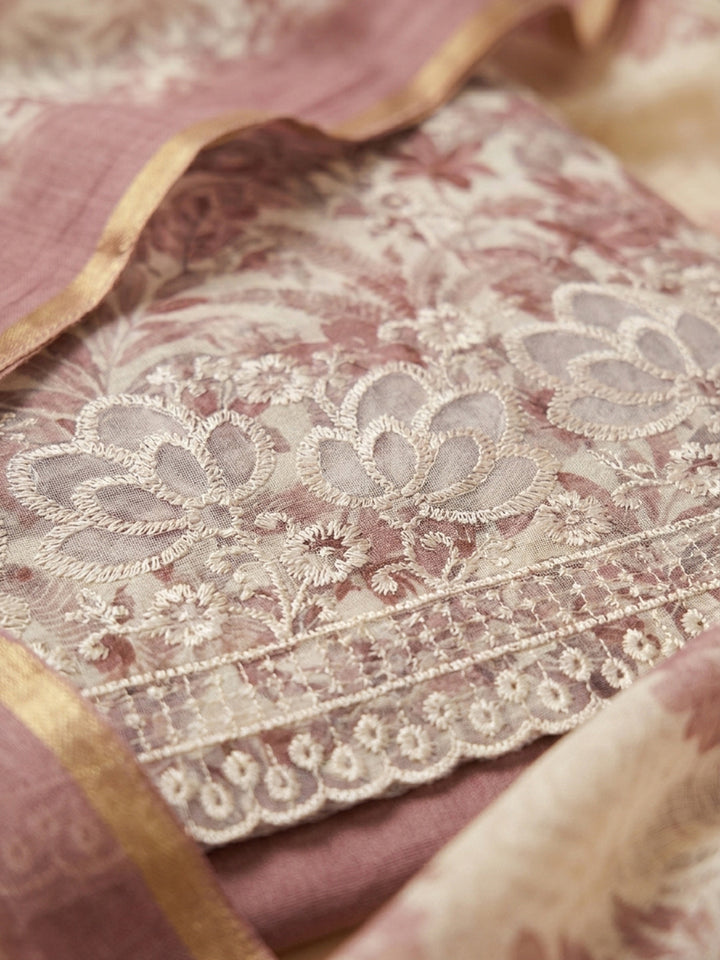 Onion Pink Printed Linen Blend Unstitched Dress Material
