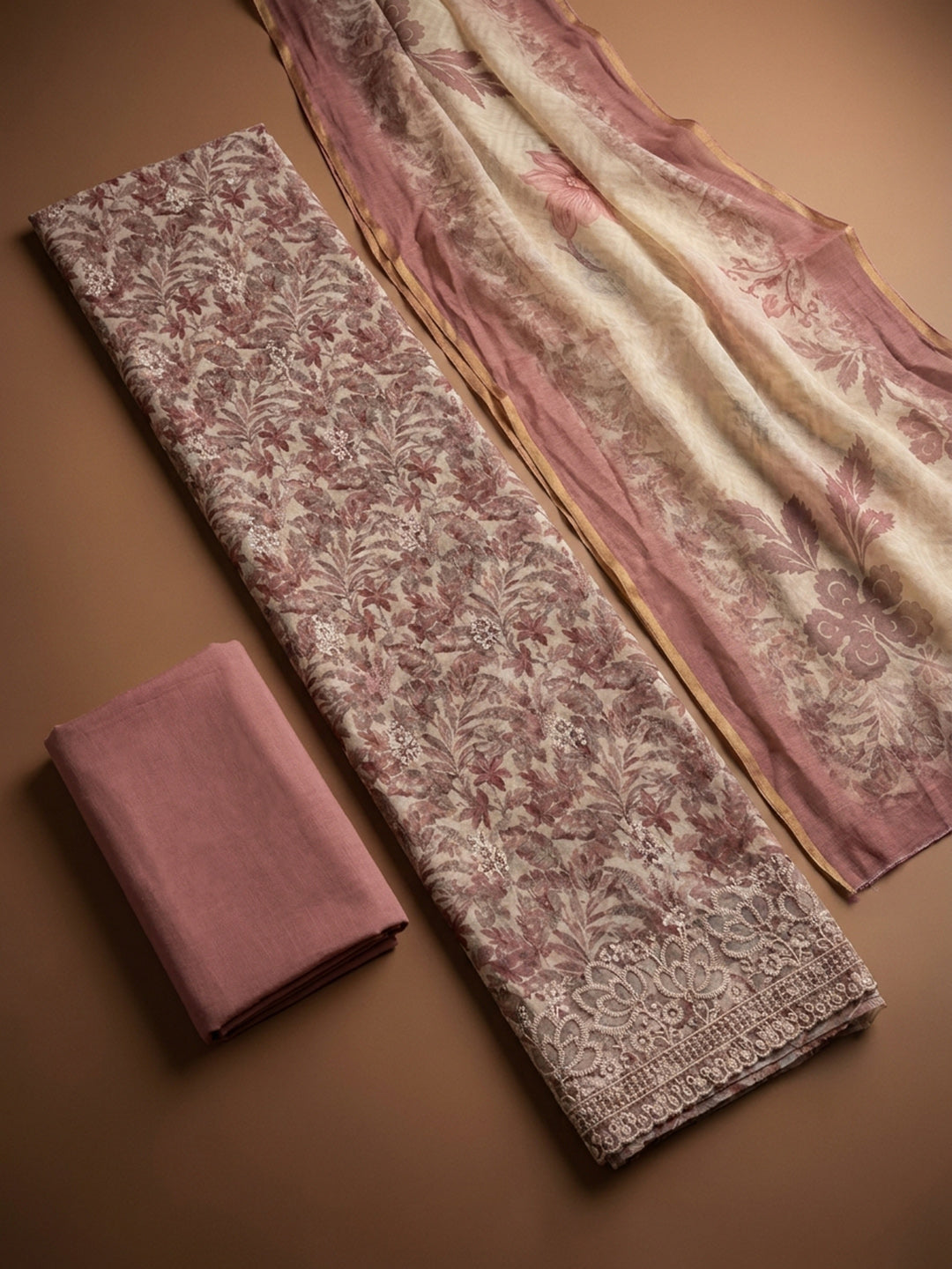 Onion Pink Printed Linen Blend Unstitched Dress Material