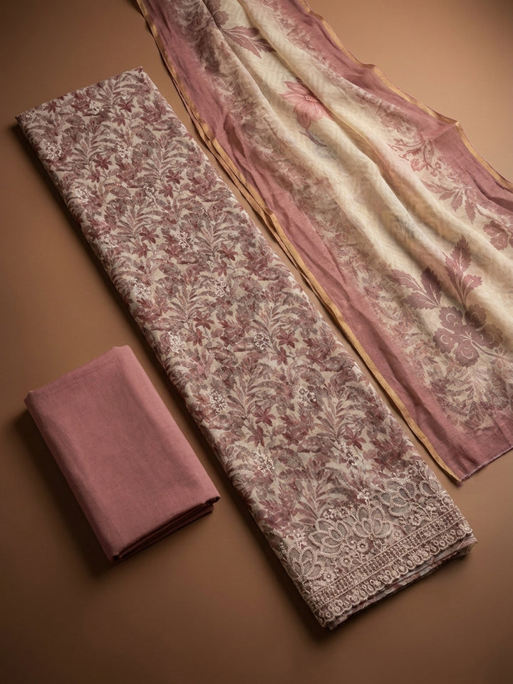 Onion Pink Printed Linen Blend Unstitched Dress Material
