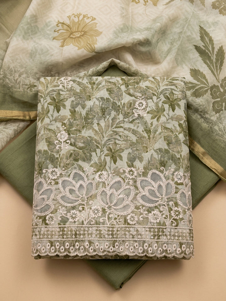 Pista Green Printed Linen Blend Unstitched Dress Material