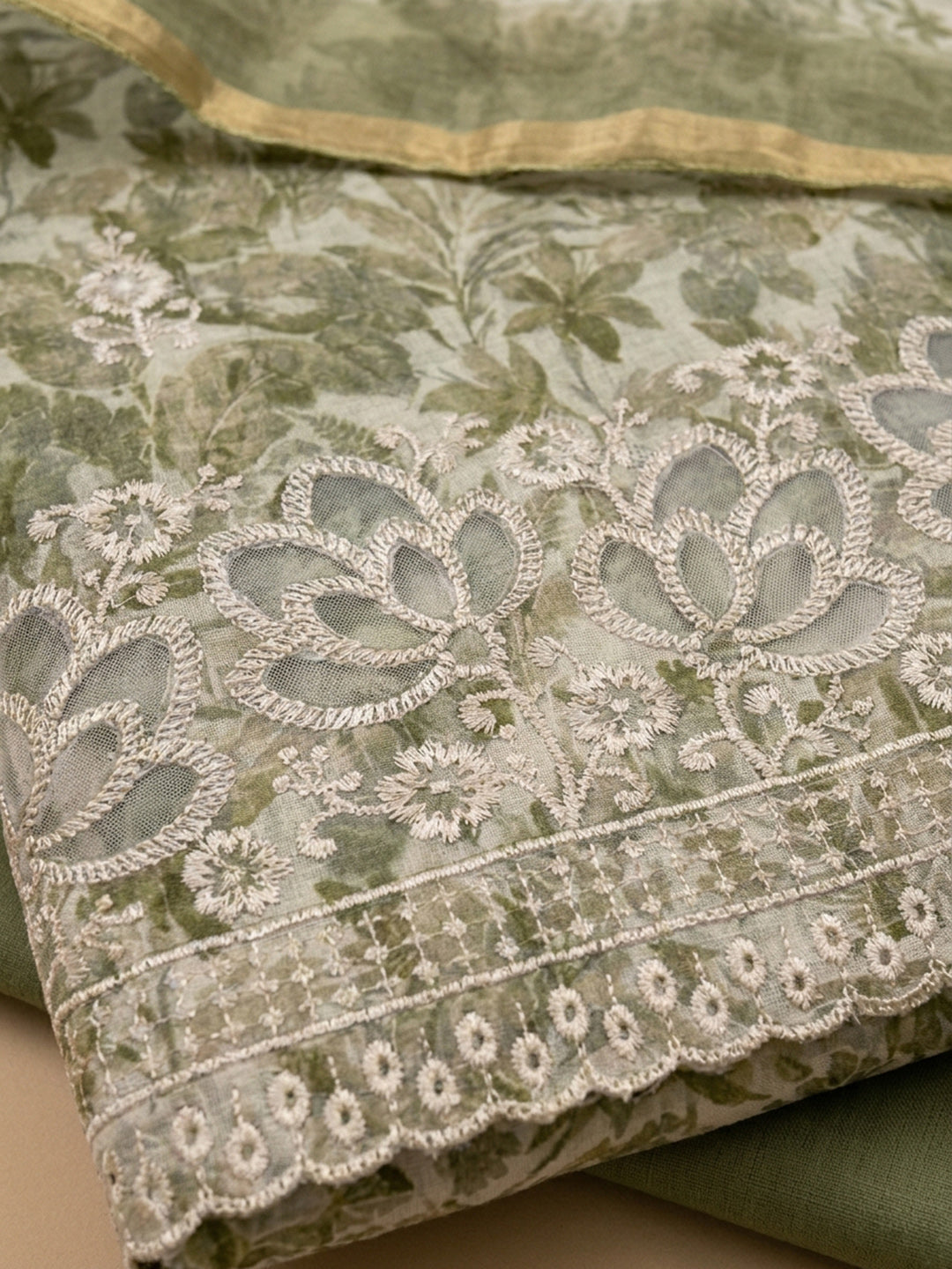 Pista Green Printed Linen Blend Unstitched Dress Material