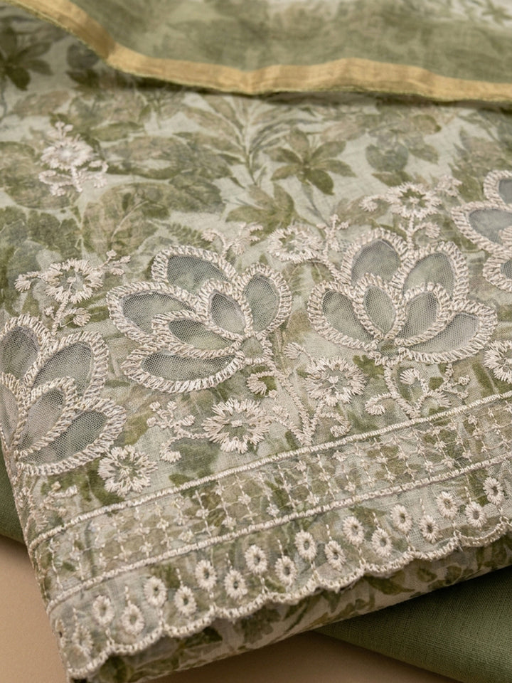 Pista Green Printed Linen Blend Unstitched Dress Material