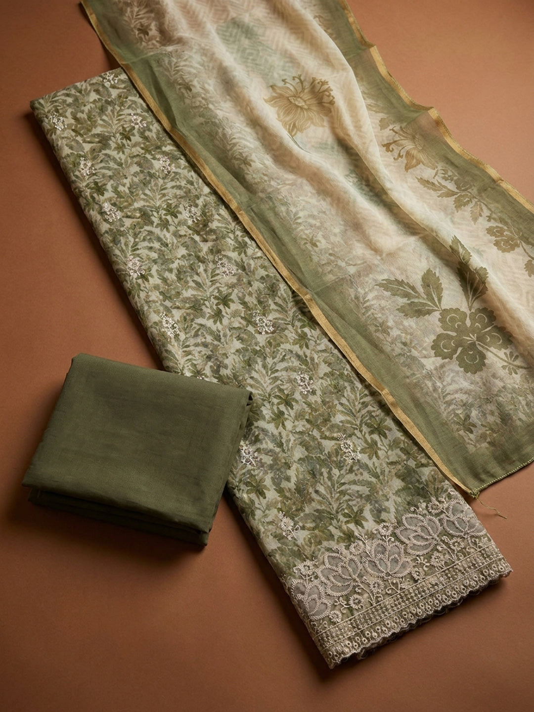 Pista Green Printed Linen Blend Unstitched Dress Material