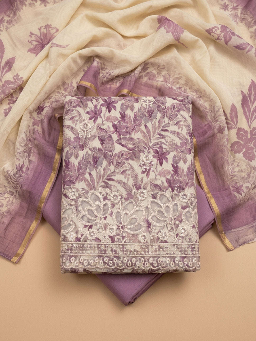 Purple Printed Linen Blend Unstitched Dress Material