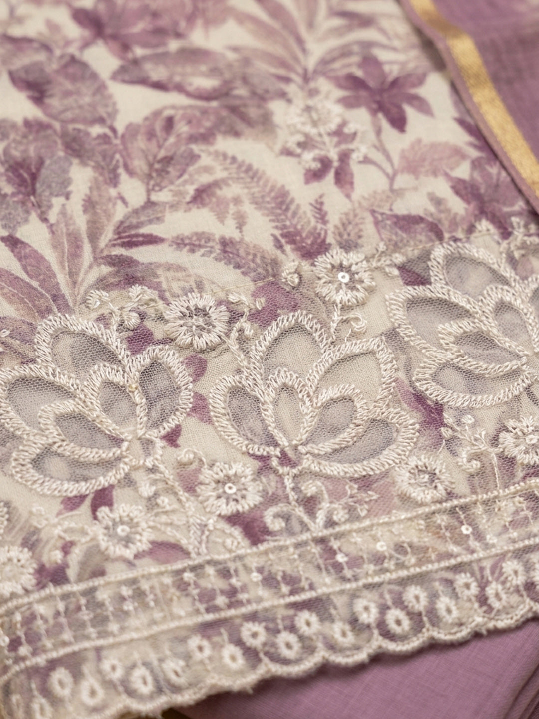 Purple Printed Linen Blend Unstitched Dress Material