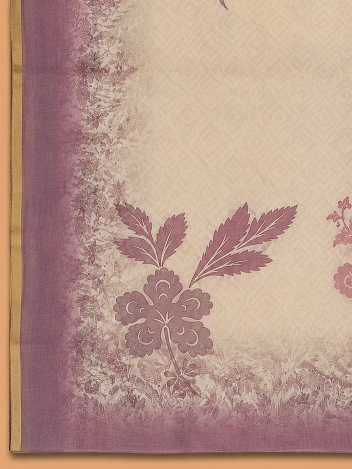 Purple Printed Linen Blend Unstitched Dress Material