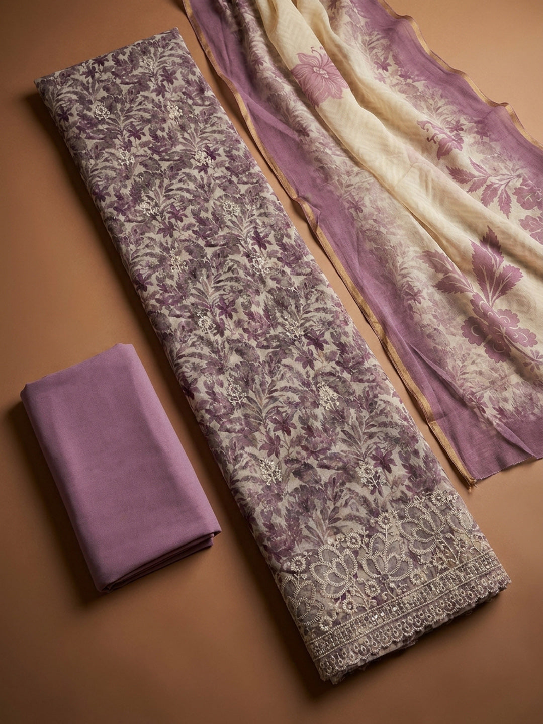 Purple Printed Linen Blend Unstitched Dress Material