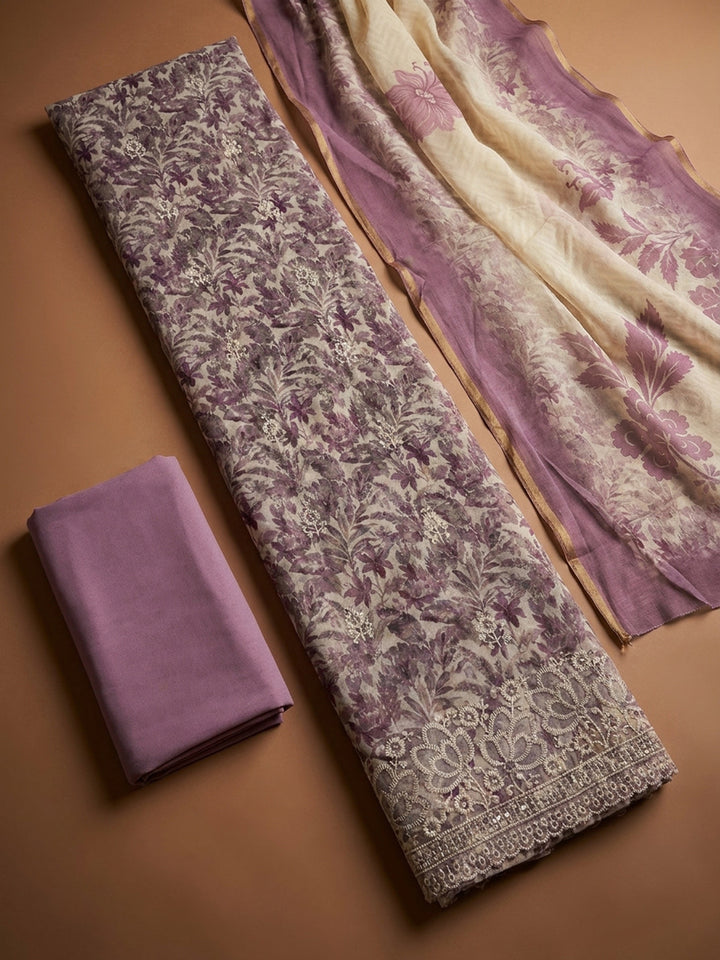 Purple Printed Linen Blend Unstitched Dress Material