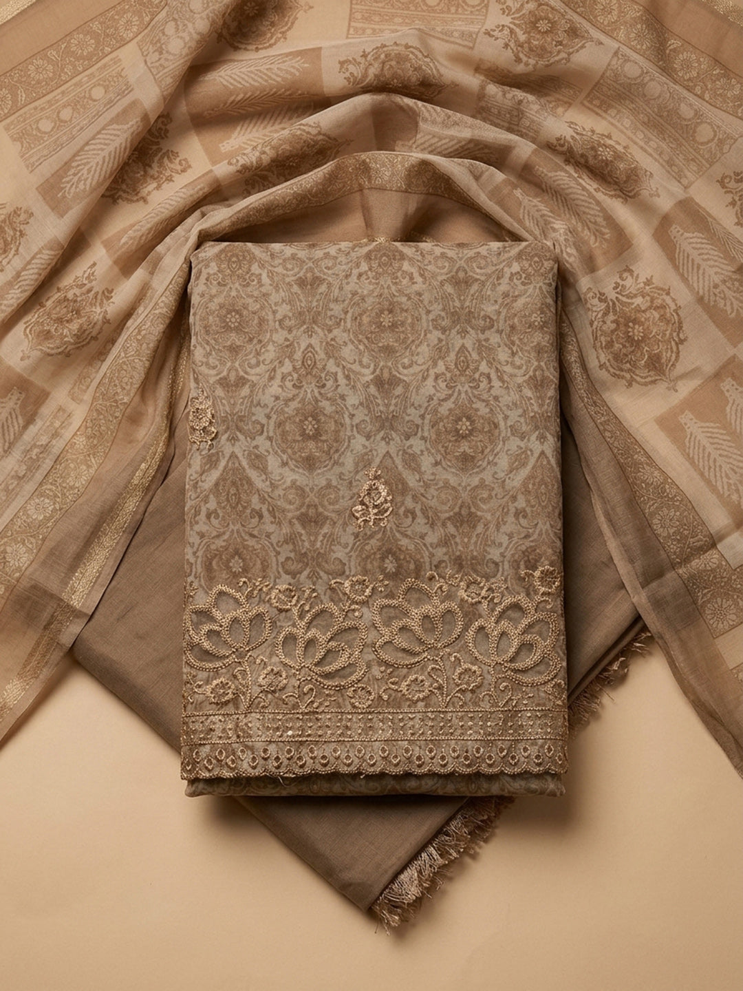 Beige Printed Chanderi Unstitched Dress Material