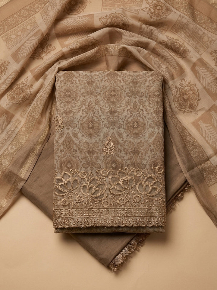 Beige Printed Chanderi Unstitched Dress Material