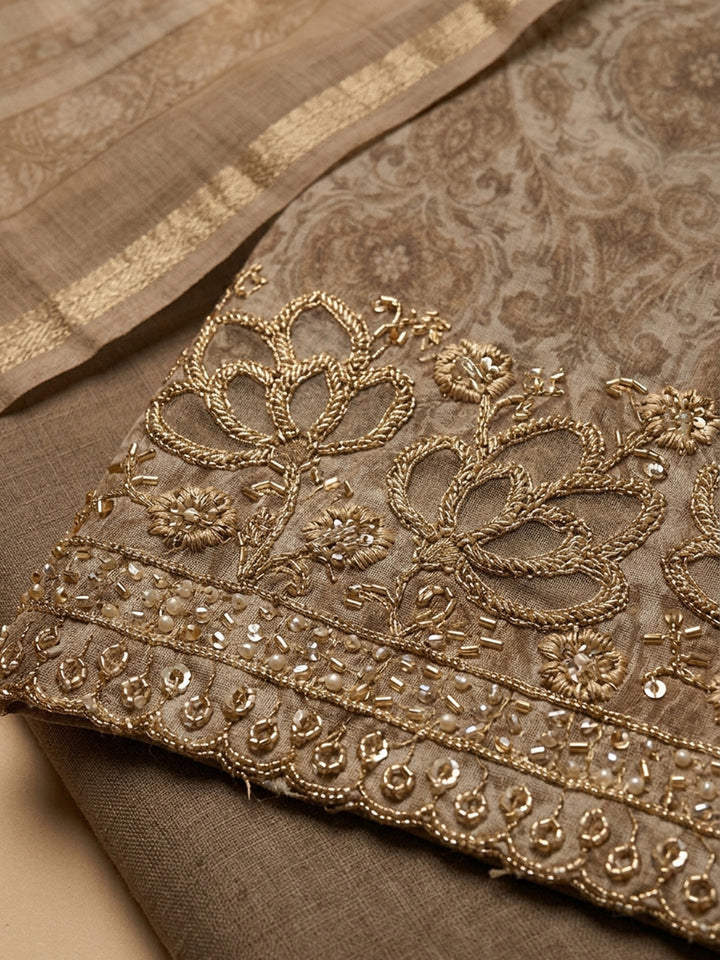 Beige Printed Chanderi Unstitched Dress Material