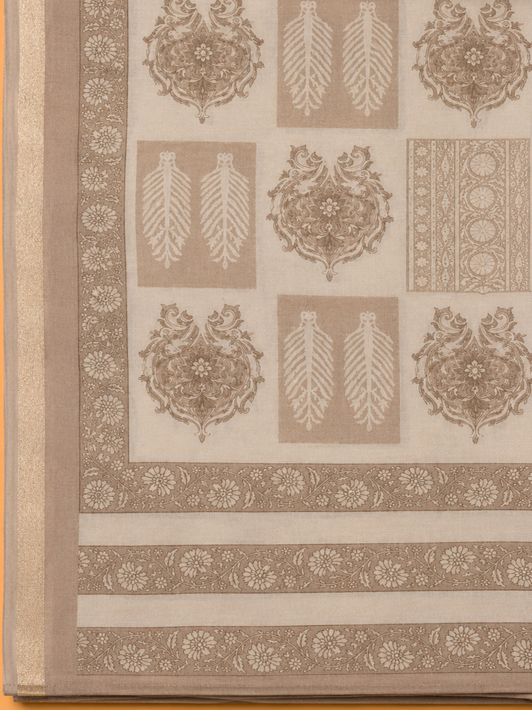 Beige Printed Chanderi Unstitched Dress Material
