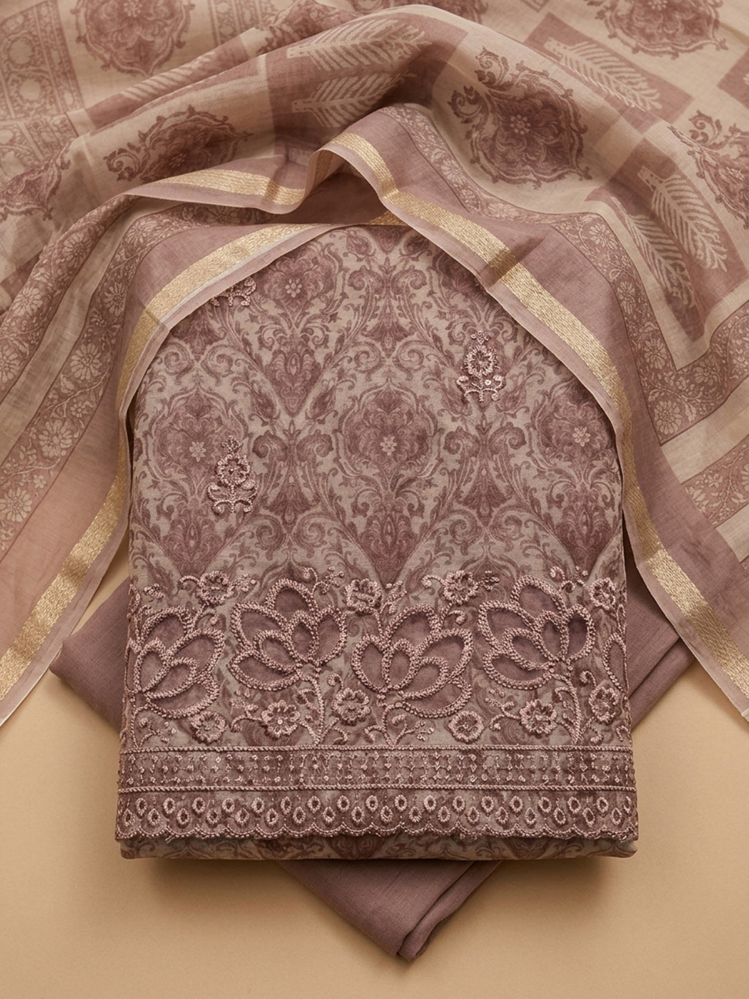 Peach Printed Chanderi Unstitched Dress Material