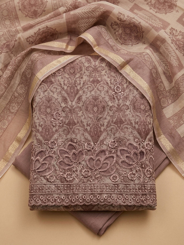 Peach Printed Chanderi Unstitched Dress Material