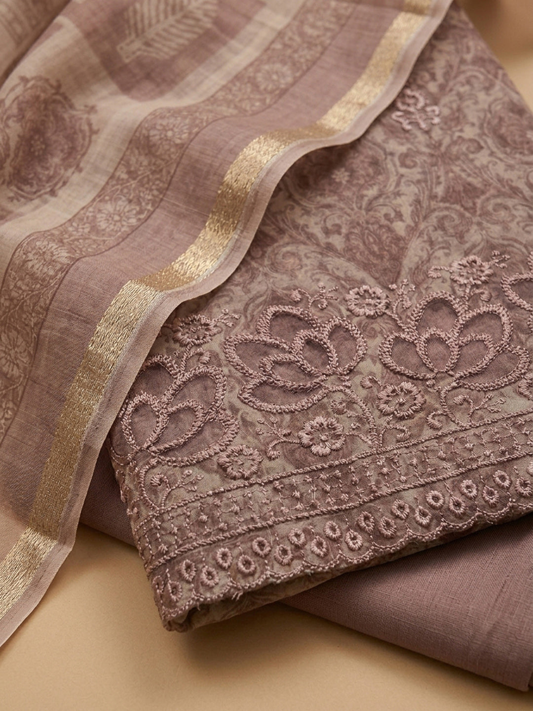 Peach Printed Chanderi Unstitched Dress Material