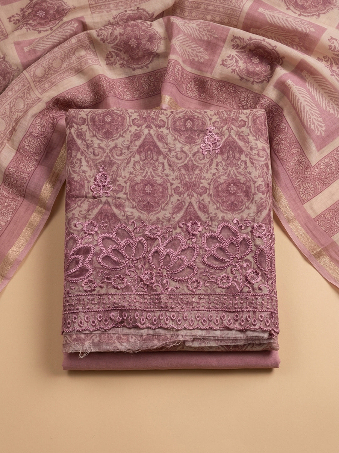 Pink Printed Chanderi Unstitched Dress Material