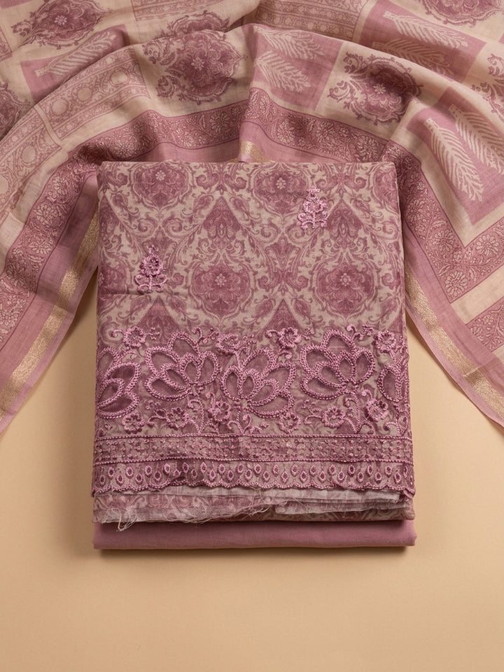 Pink Printed Chanderi Unstitched Dress Material