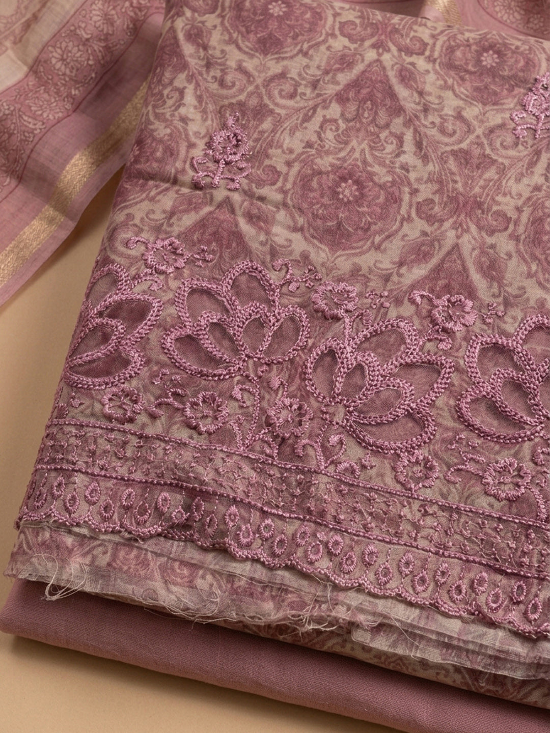 Pink Printed Chanderi Unstitched Dress Material