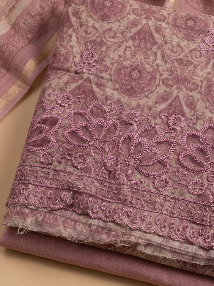 Pink Printed Chanderi Unstitched Dress Material