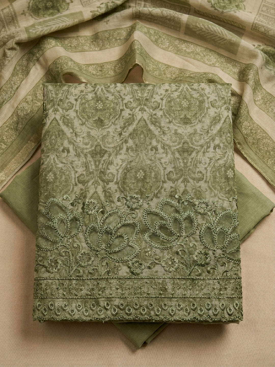 Pista Green Printed Chanderi Unstitched Dress Material