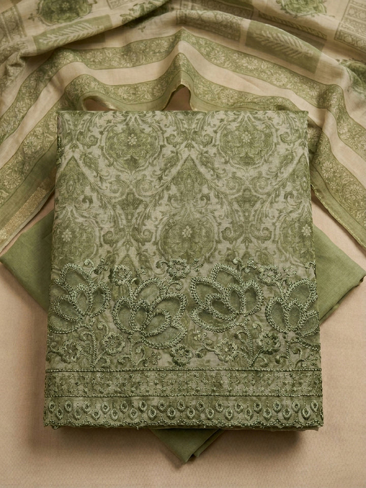 Pista Green Printed Chanderi Unstitched Dress Material