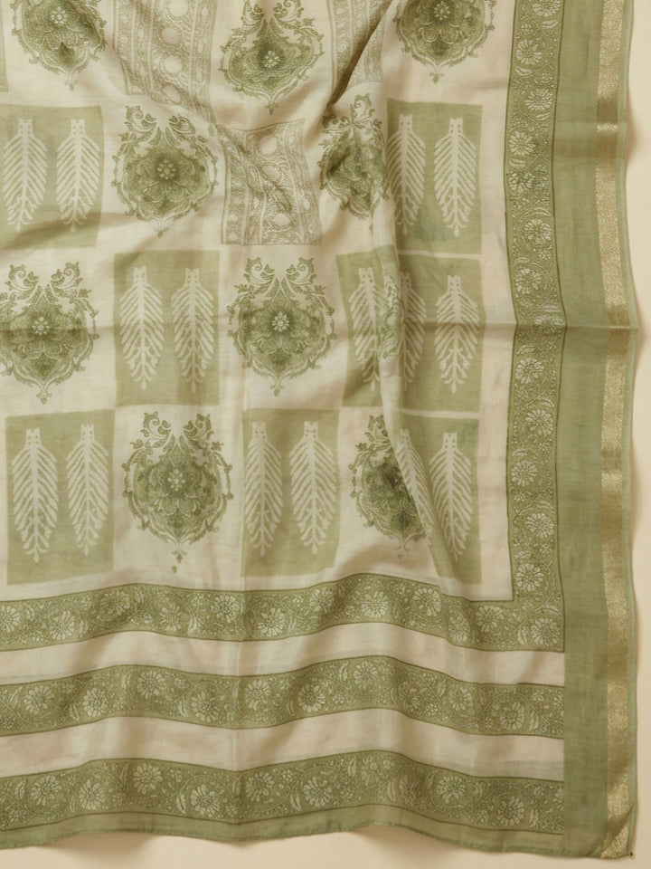 Pista Green Printed Chanderi Unstitched Dress Material