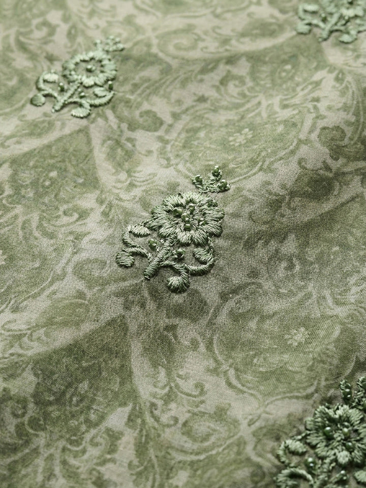 Pista Green Printed Chanderi Unstitched Dress Material