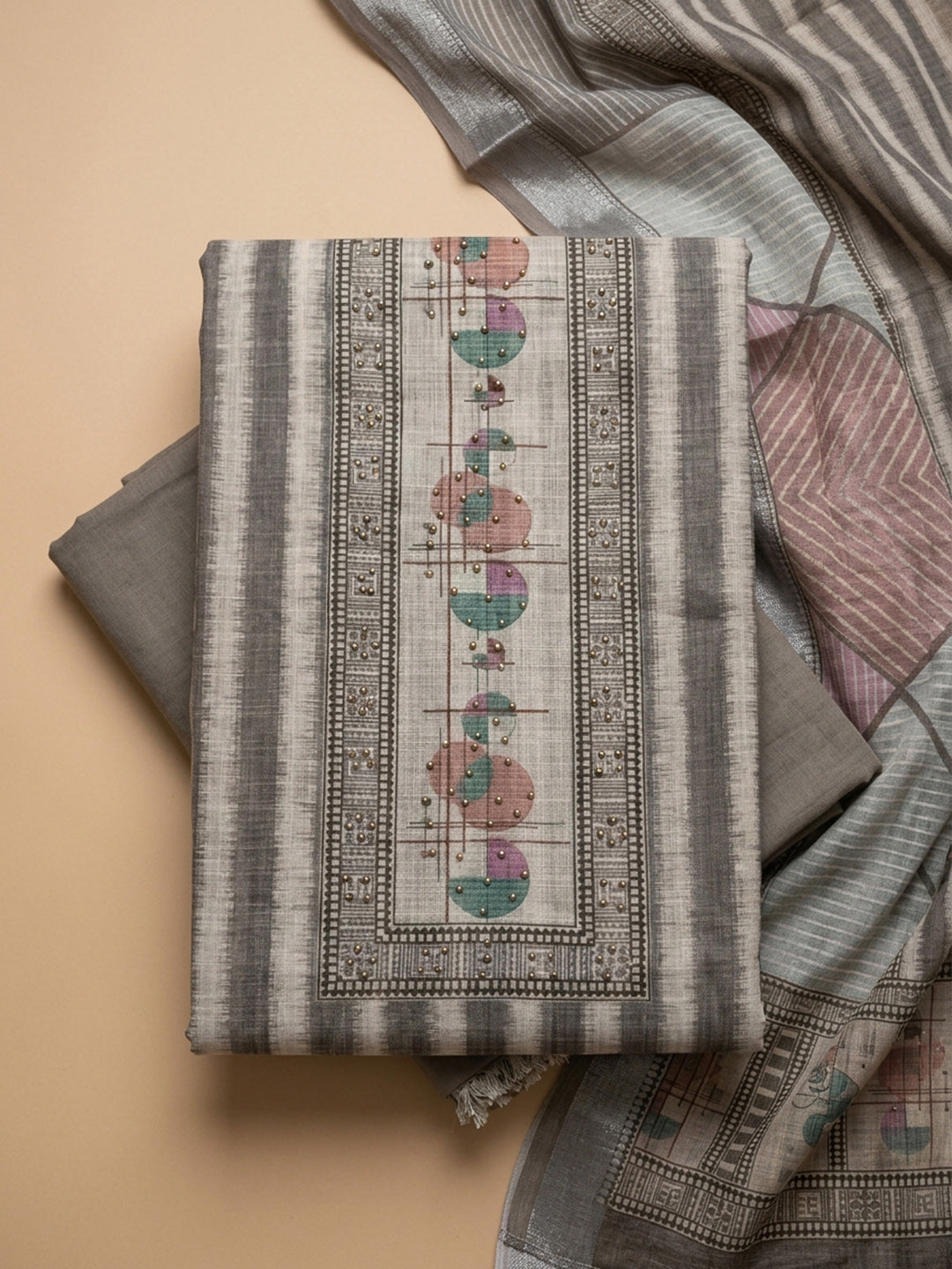 Grey Printed Linen Blend Unstitched Dress Material