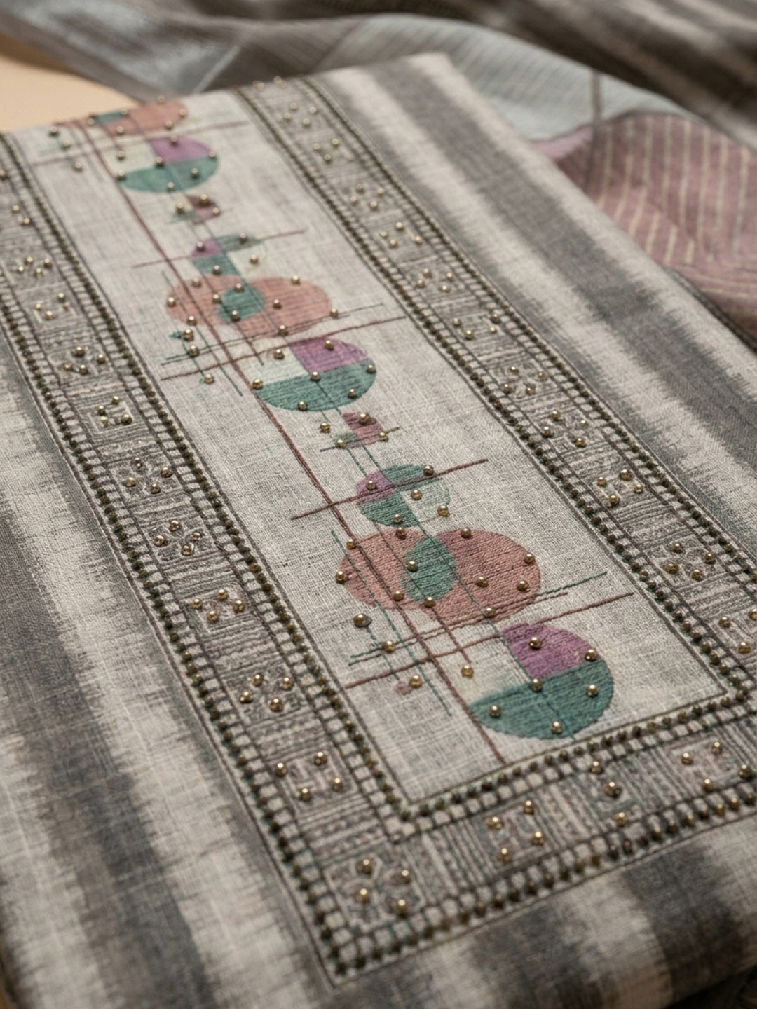 Grey Printed Linen Blend Unstitched Dress Material