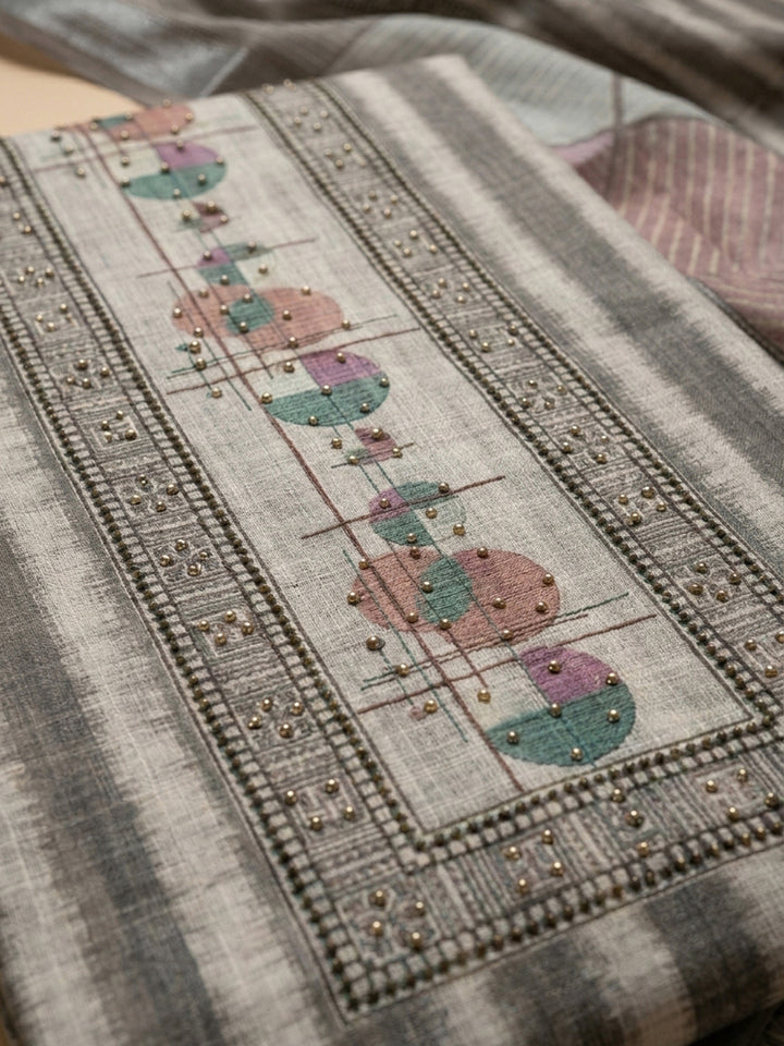 Grey Printed Linen Blend Unstitched Dress Material