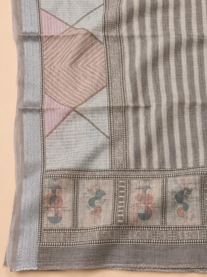 Grey Printed Linen Blend Unstitched Dress Material