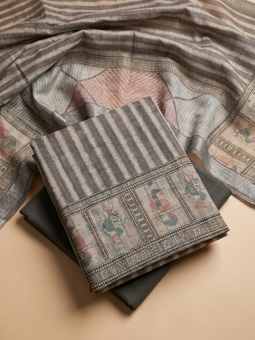 Grey Printed Linen Blend Unstitched Dress Material