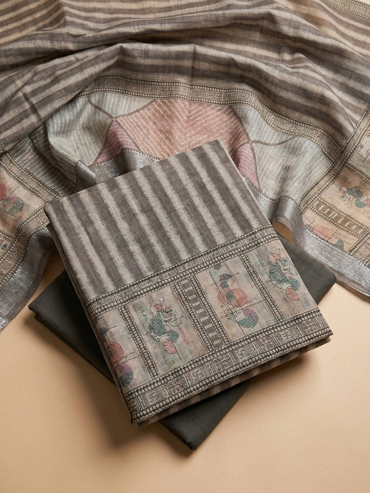 Grey Printed Linen Blend Unstitched Dress Material
