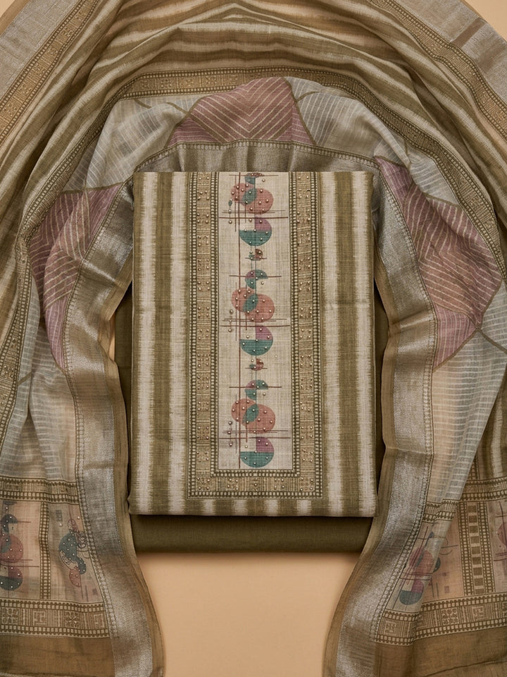 Mehndi Printed Linen Blend Unstitched Dress Material