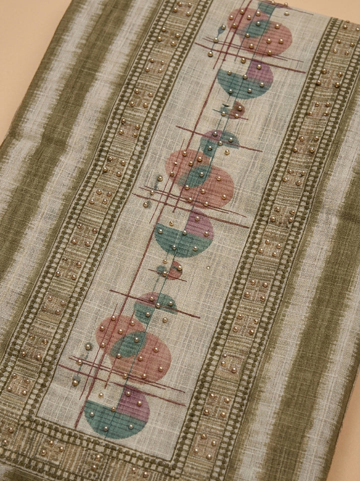 Mehndi Printed Linen Blend Unstitched Dress Material