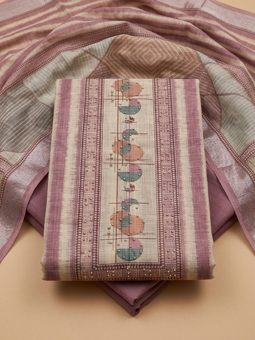 Onion Pink Printed Linen Blend Unstitched Dress Material