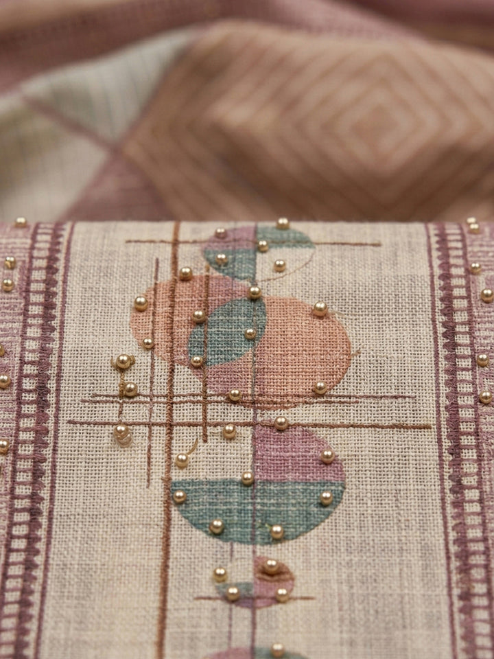 Onion Pink Printed Linen Blend Unstitched Dress Material