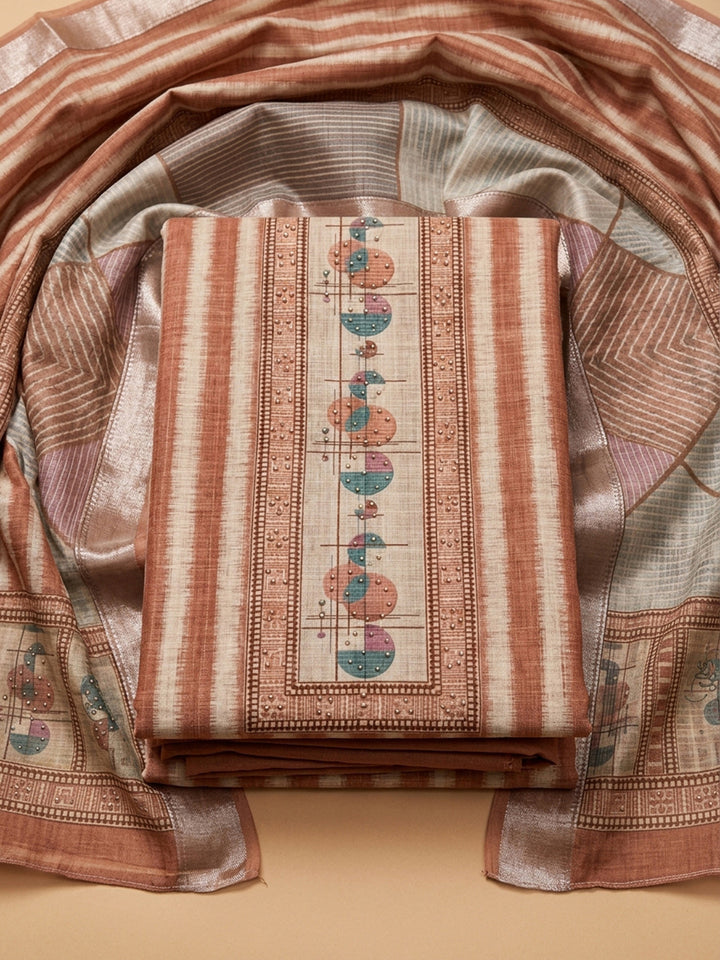 Rust Printed Linen Blend Unstitched Dress Material