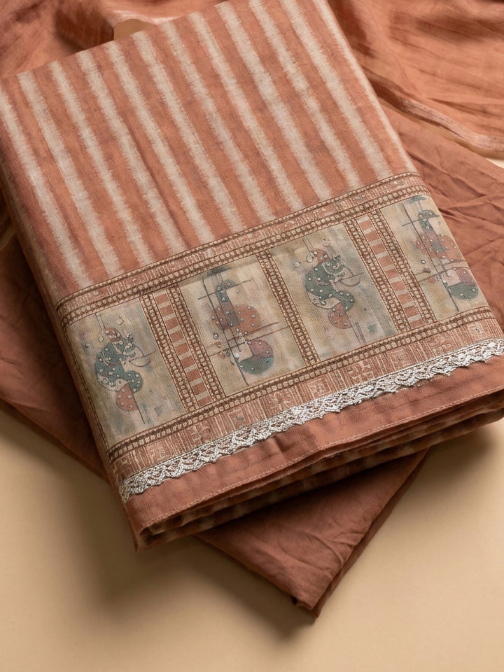Rust Printed Linen Blend Unstitched Dress Material
