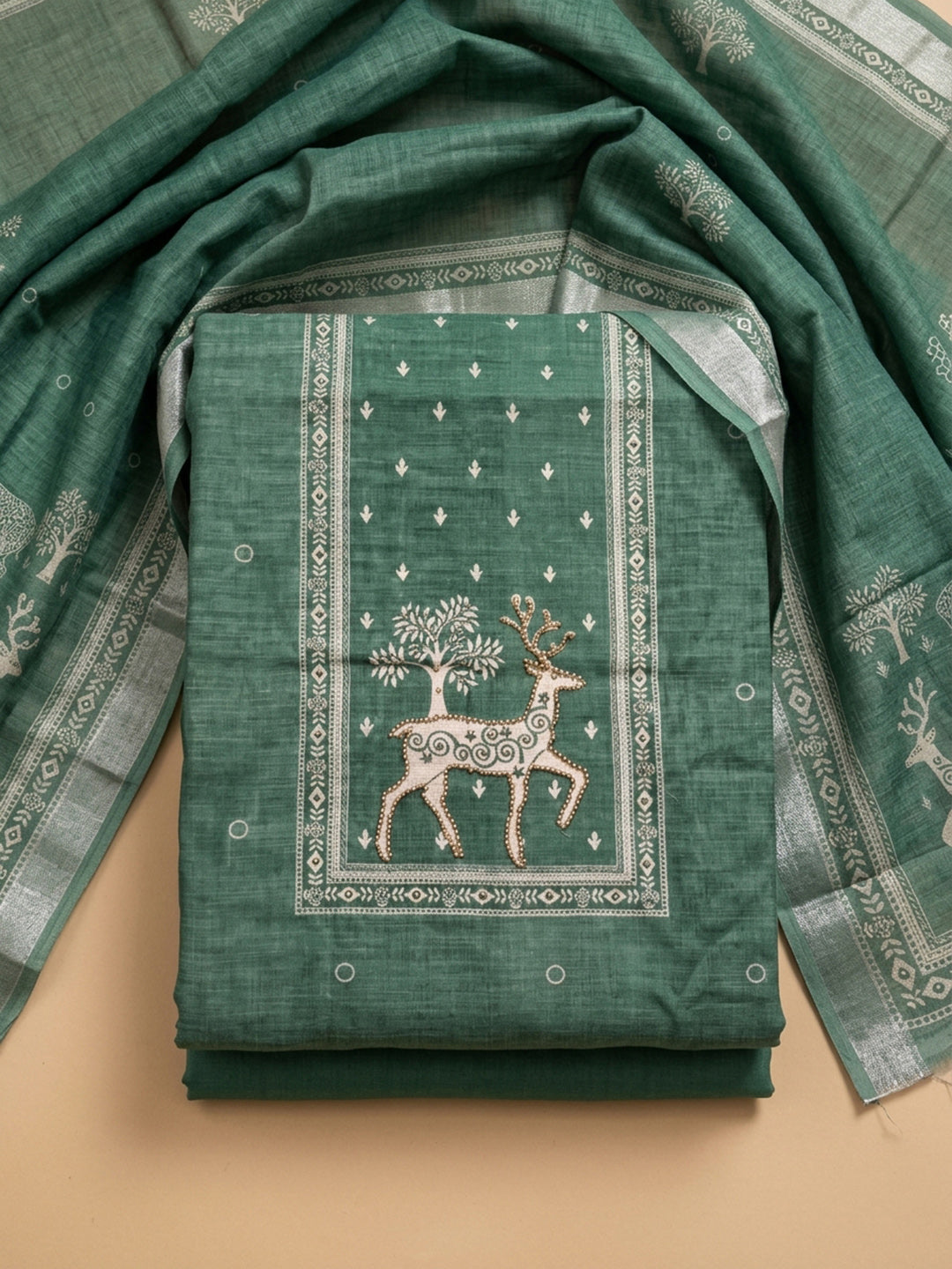 Aqua Printed Linen Blend Unstitched Dress Material