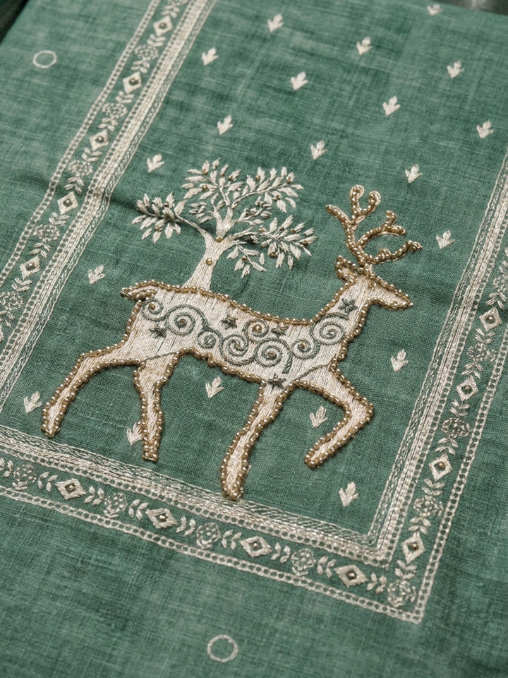 Aqua Printed Linen Blend Unstitched Dress Material