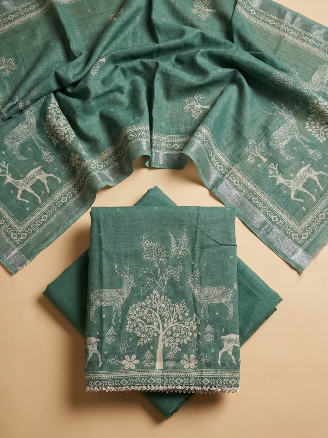 Aqua Printed Linen Blend Unstitched Dress Material