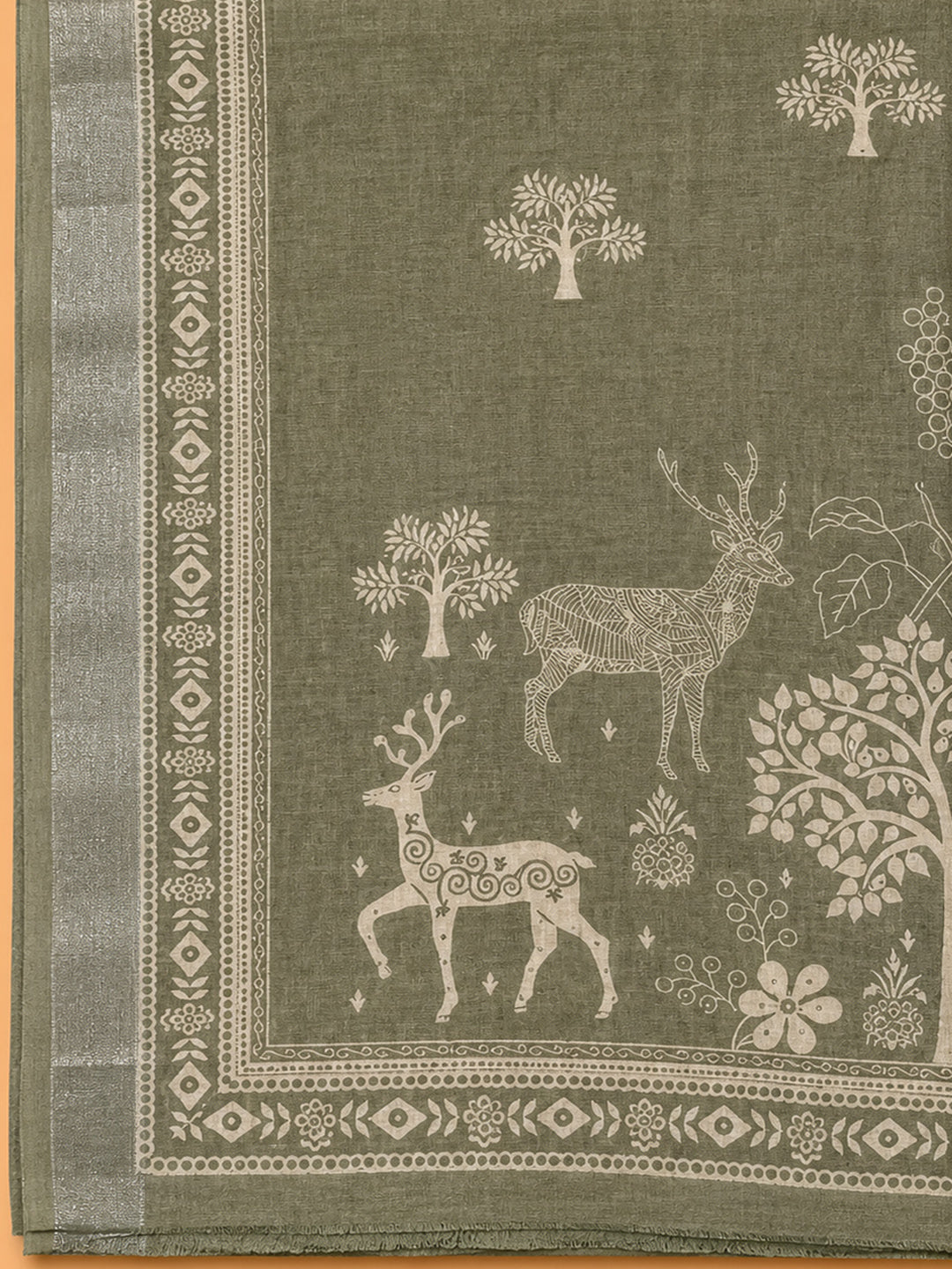 Green Printed Linen Blend Unstitched Dress Material