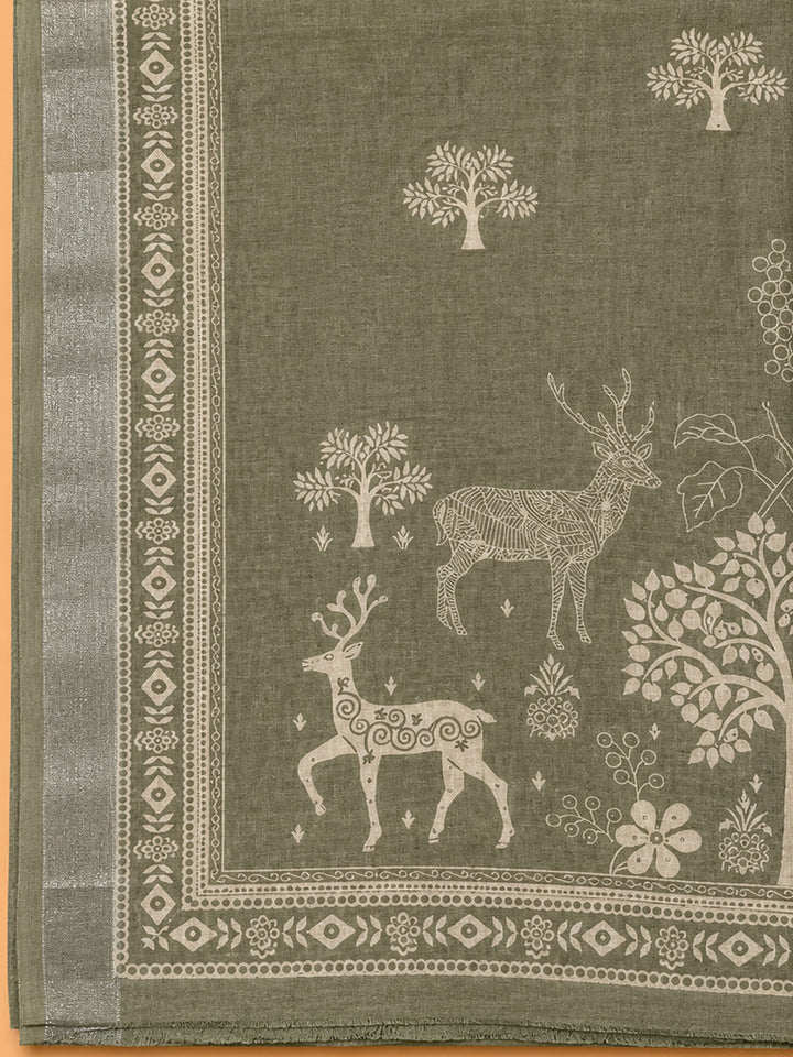 Green Printed Linen Blend Unstitched Dress Material