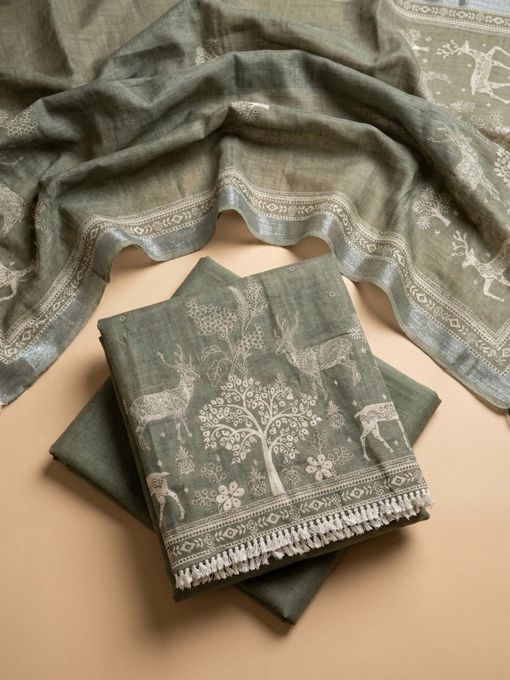 Green Printed Linen Blend Unstitched Dress Material